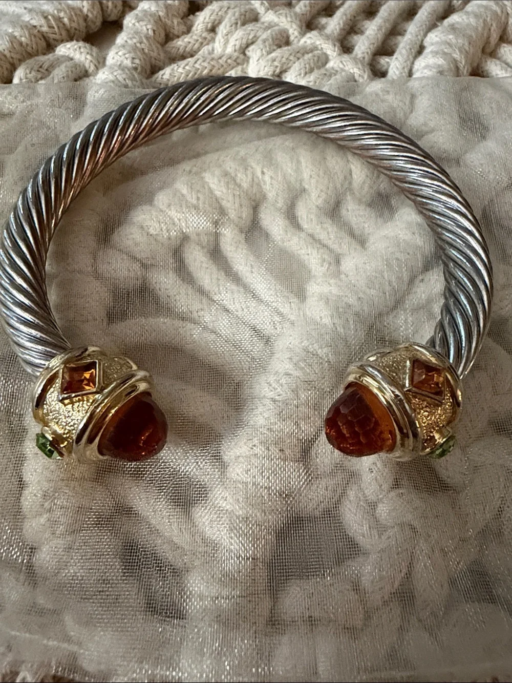 Silver-Tone Twisted Cable Open Cuff Bracelet with Amber Stones